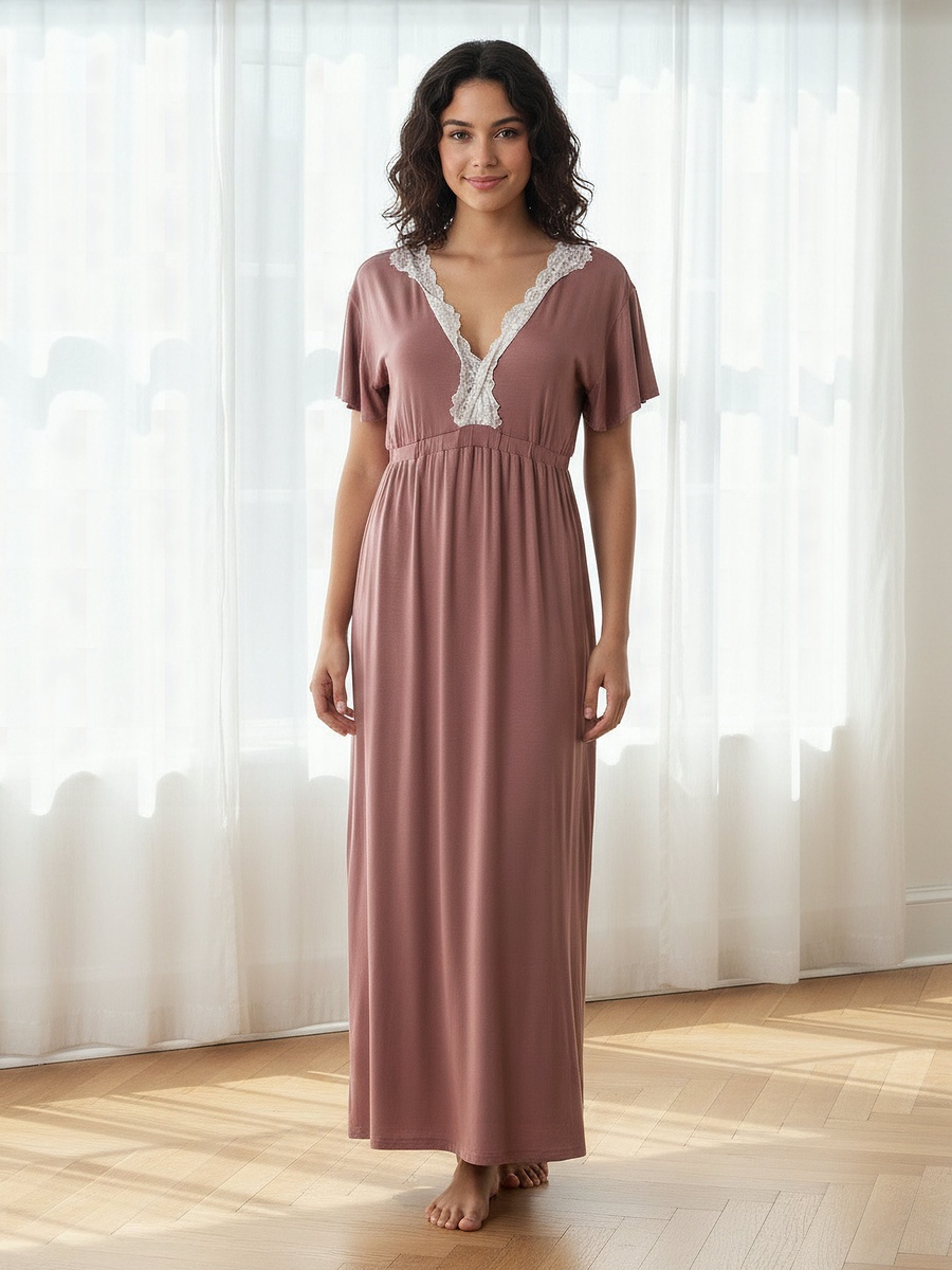 Night Gown with Short Sleeves and Lace Trim