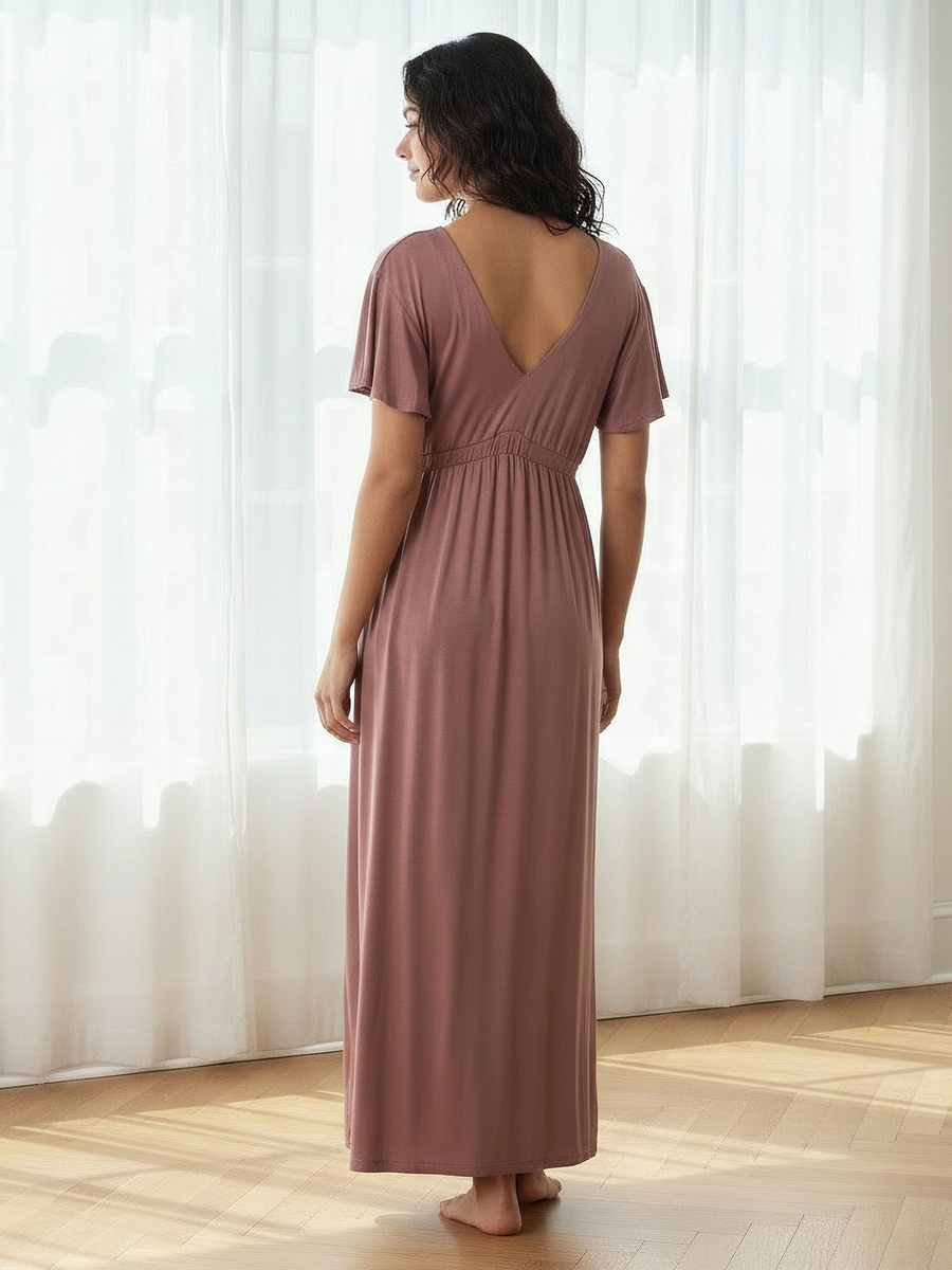Night Gown with Short Sleeves and Lace Trim