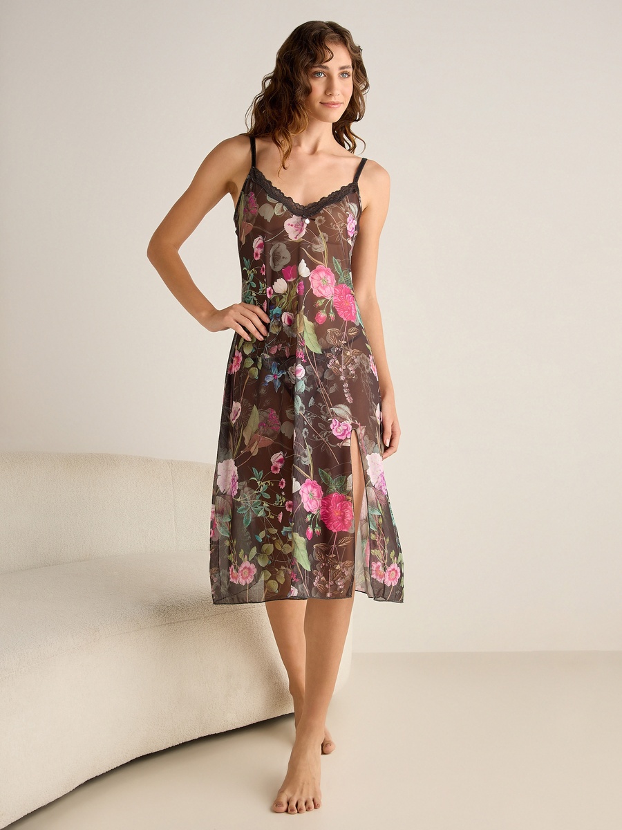 Strappy Night Dress with Floral and Lace Design