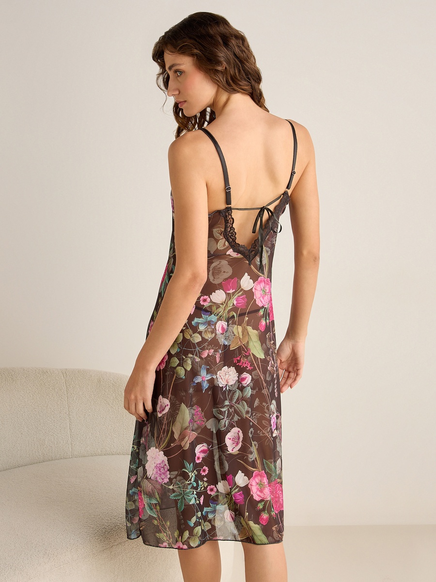 Strappy Night Dress with Floral and Lace Design