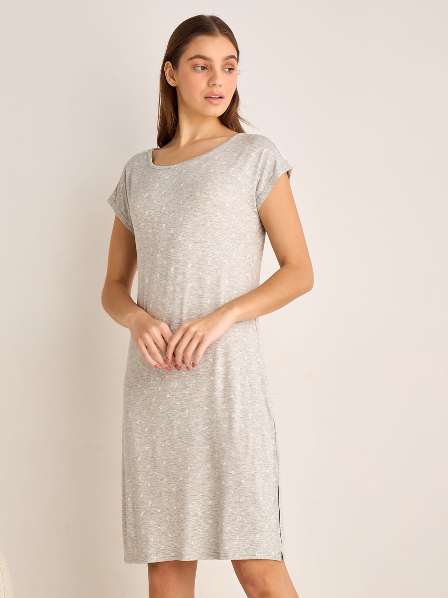 Floral Print Night Dress with Short Sleeves