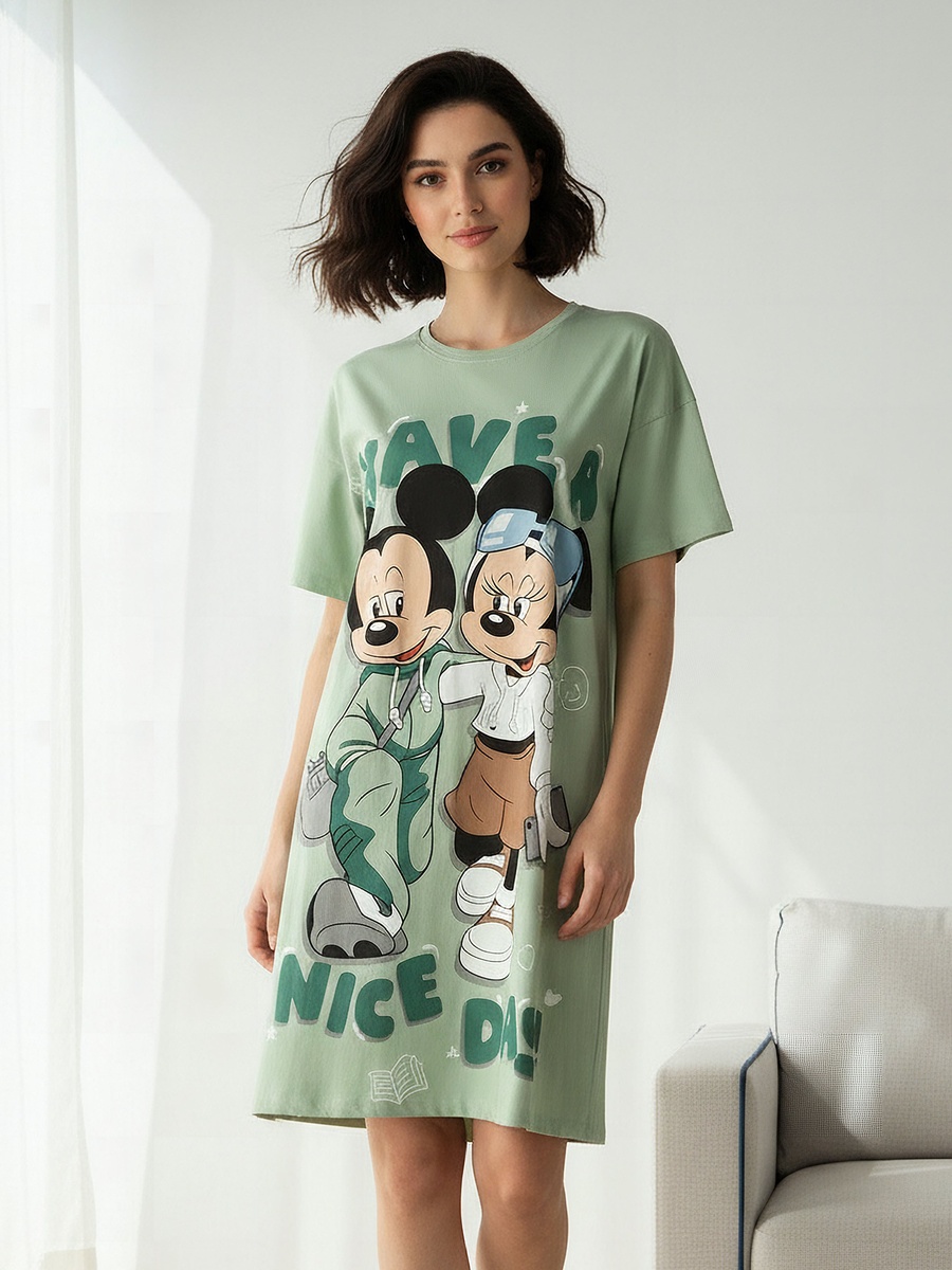 Short Sleeve Cotton Sleepshirt with Mickey and Minnie Mouse Print