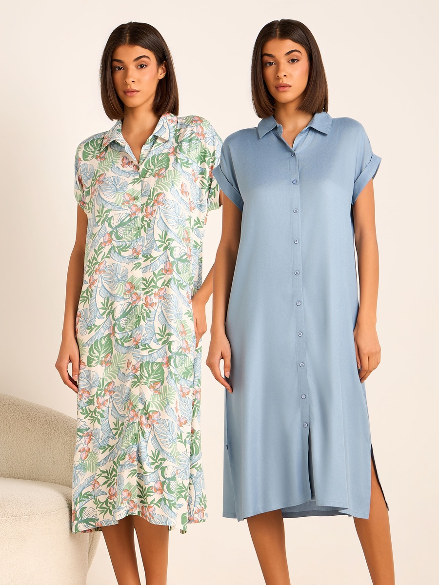 Short Sleeves Assorted Print Viscose Night Dress - Set of 2