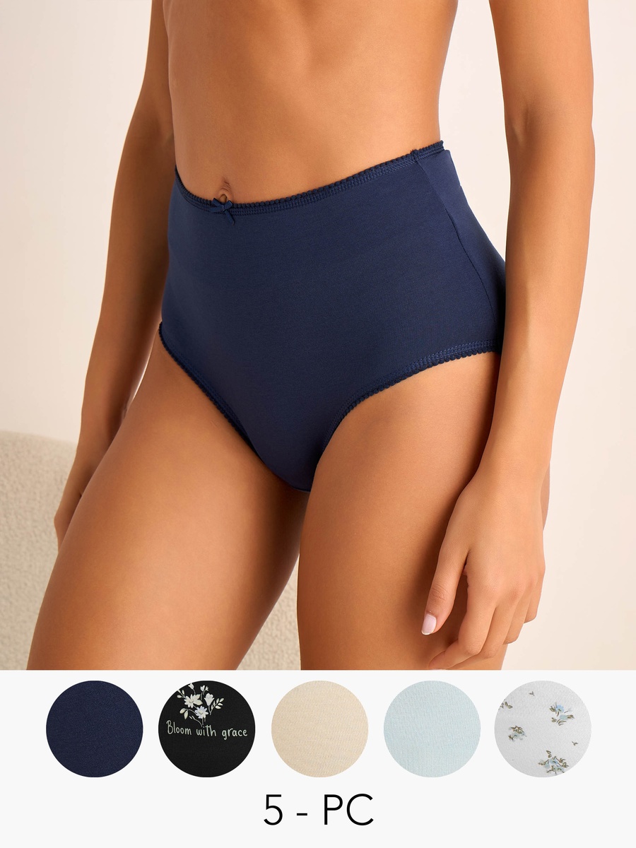 Set of 5 - High Waist Full Briefs with Bow Accent