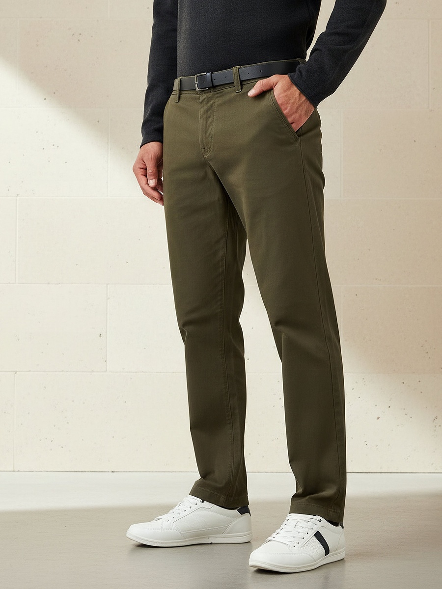 Men Slim Fit Belted Cotton Chinos