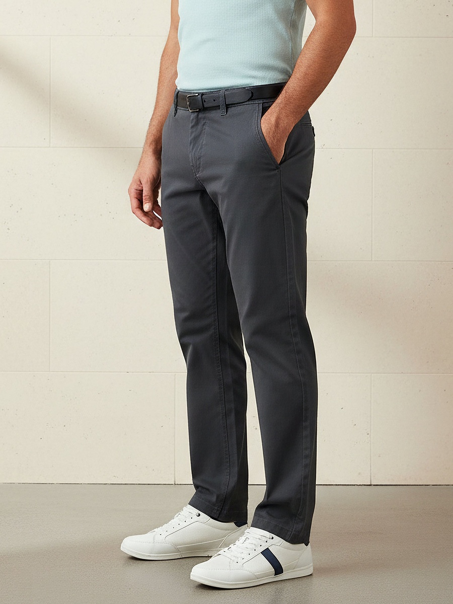 Men Slim Fit Belted Cotton Chinos