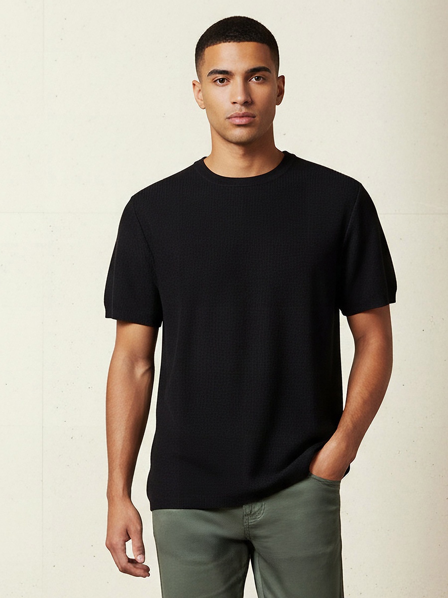 Men Regular Fit Crew Neck Short Sleeves Textured T-Shirt