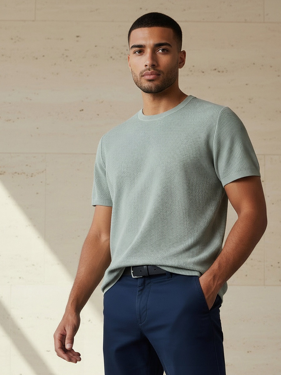 Men Regular Fit Crew Neck Short Sleeves Textured T-Shirt