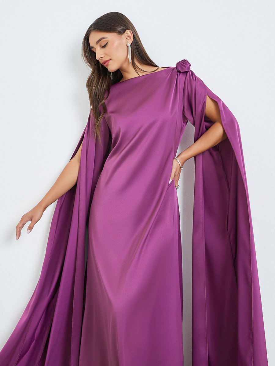 Purple Draped Slit Sleeves Maxi Dress