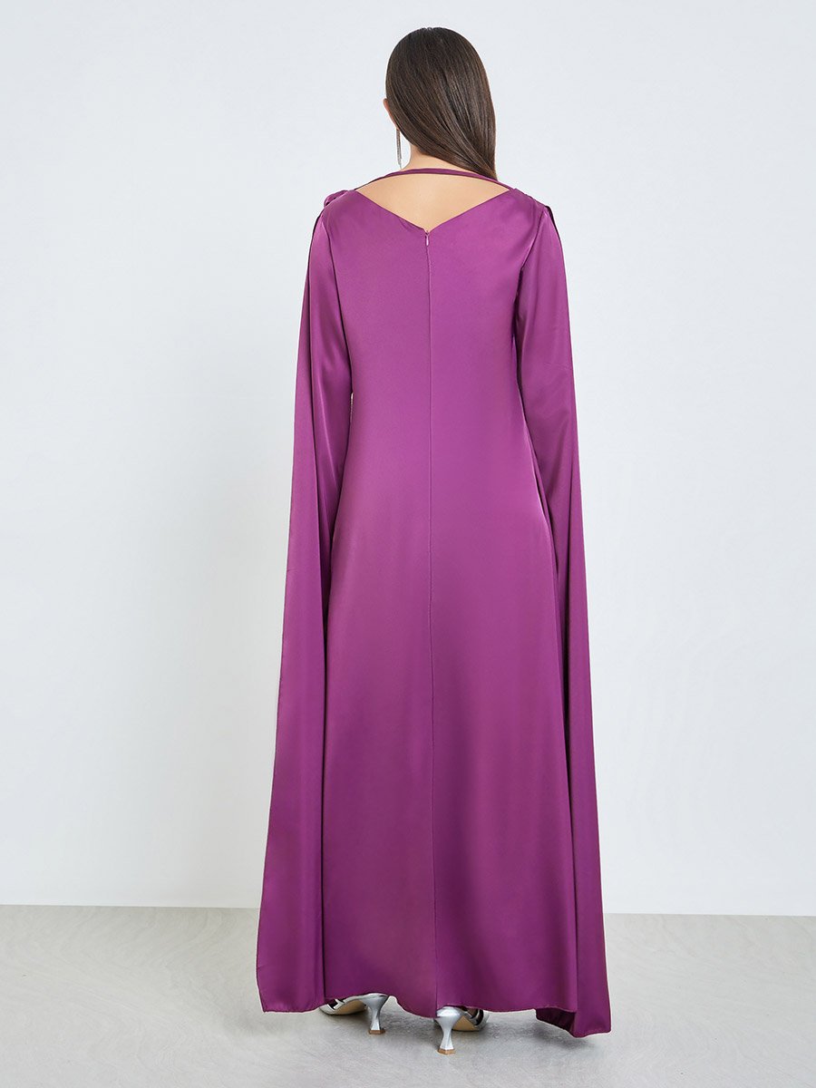 Purple Draped Slit Sleeves Maxi Dress