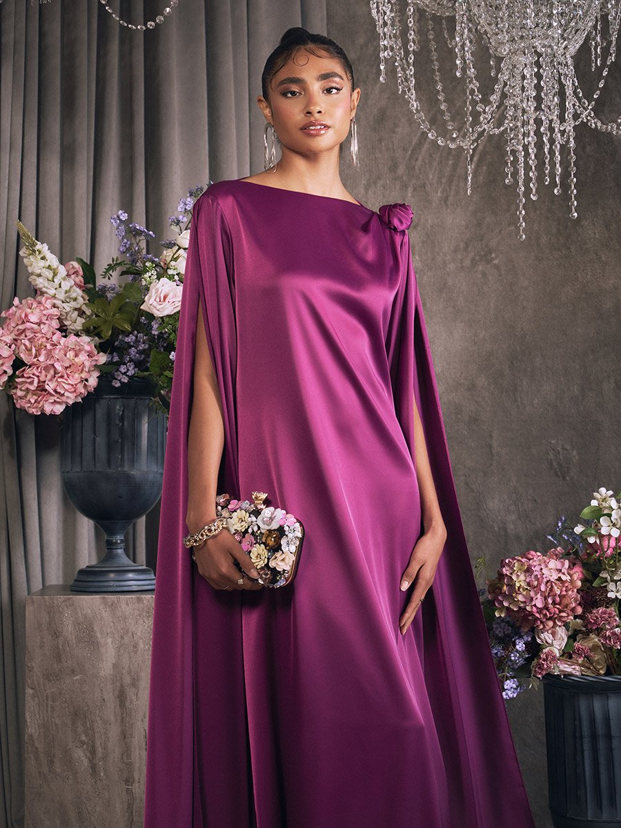 Purple Draped Slit Sleeves Maxi Dress