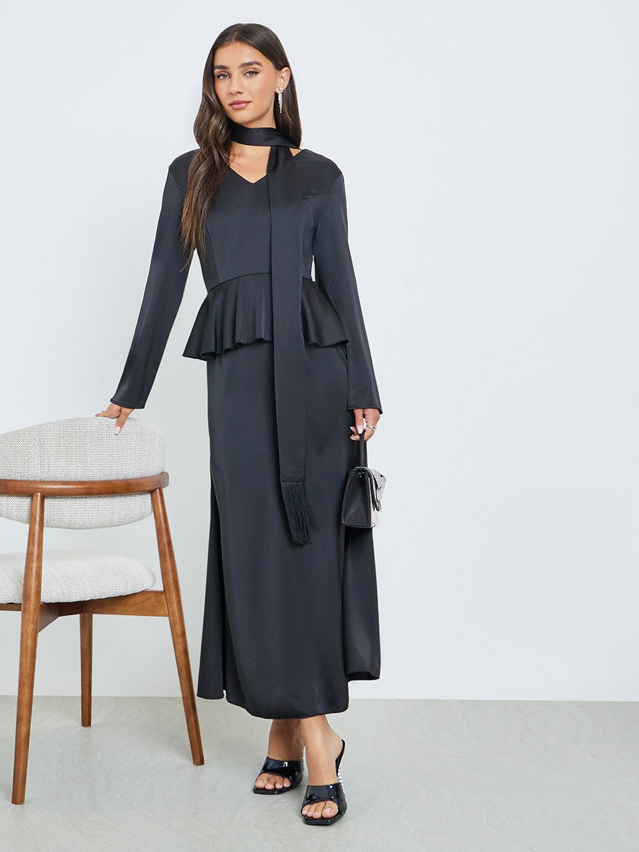 Black Peplum Ruffle Maxi Dress with Tie-Neck For Women at Saudi | Styli