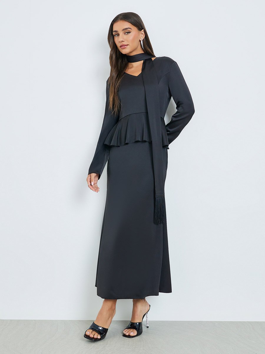 strapless open back dress Bertie Sequin Peplum Halter Maxi Dress / Black | Meshki