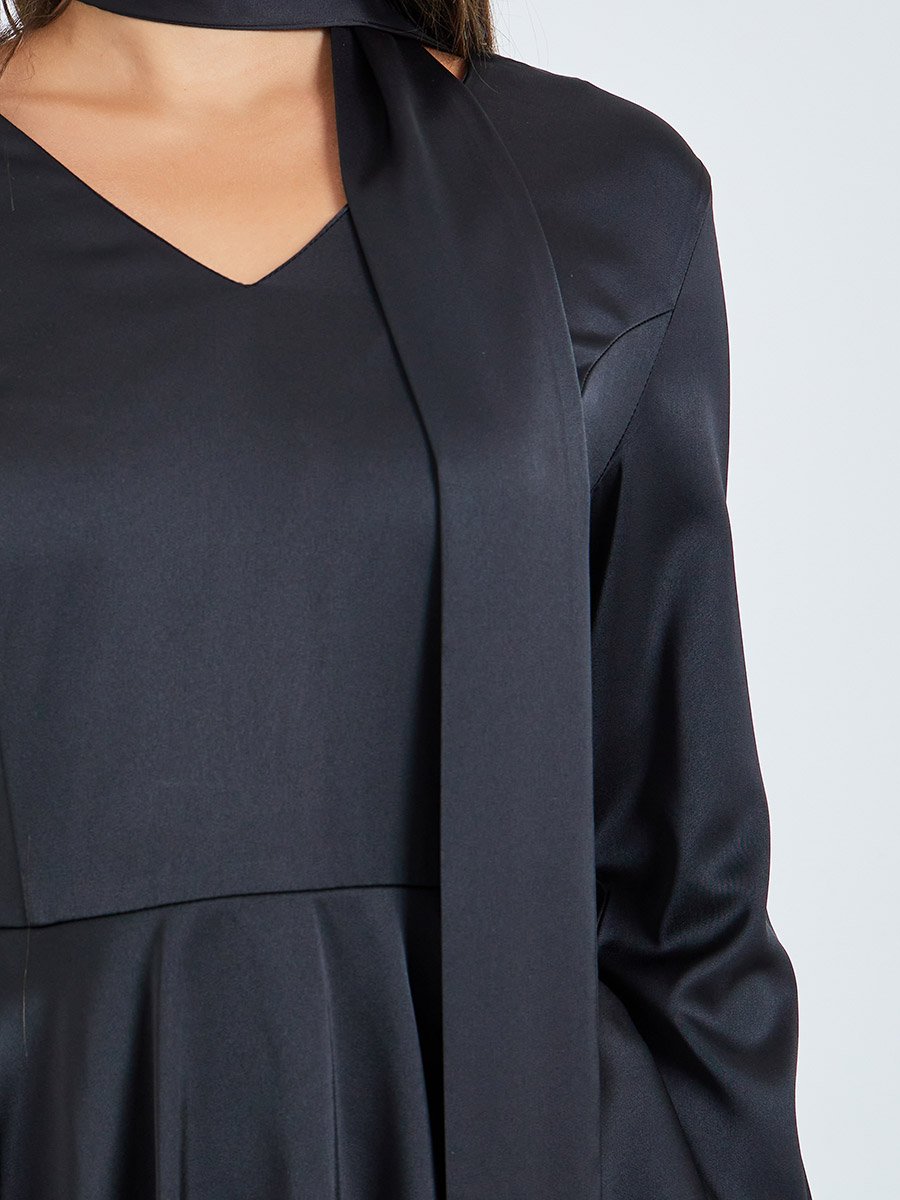 Black Peplum Ruffle Maxi Dress with Tie-Neck