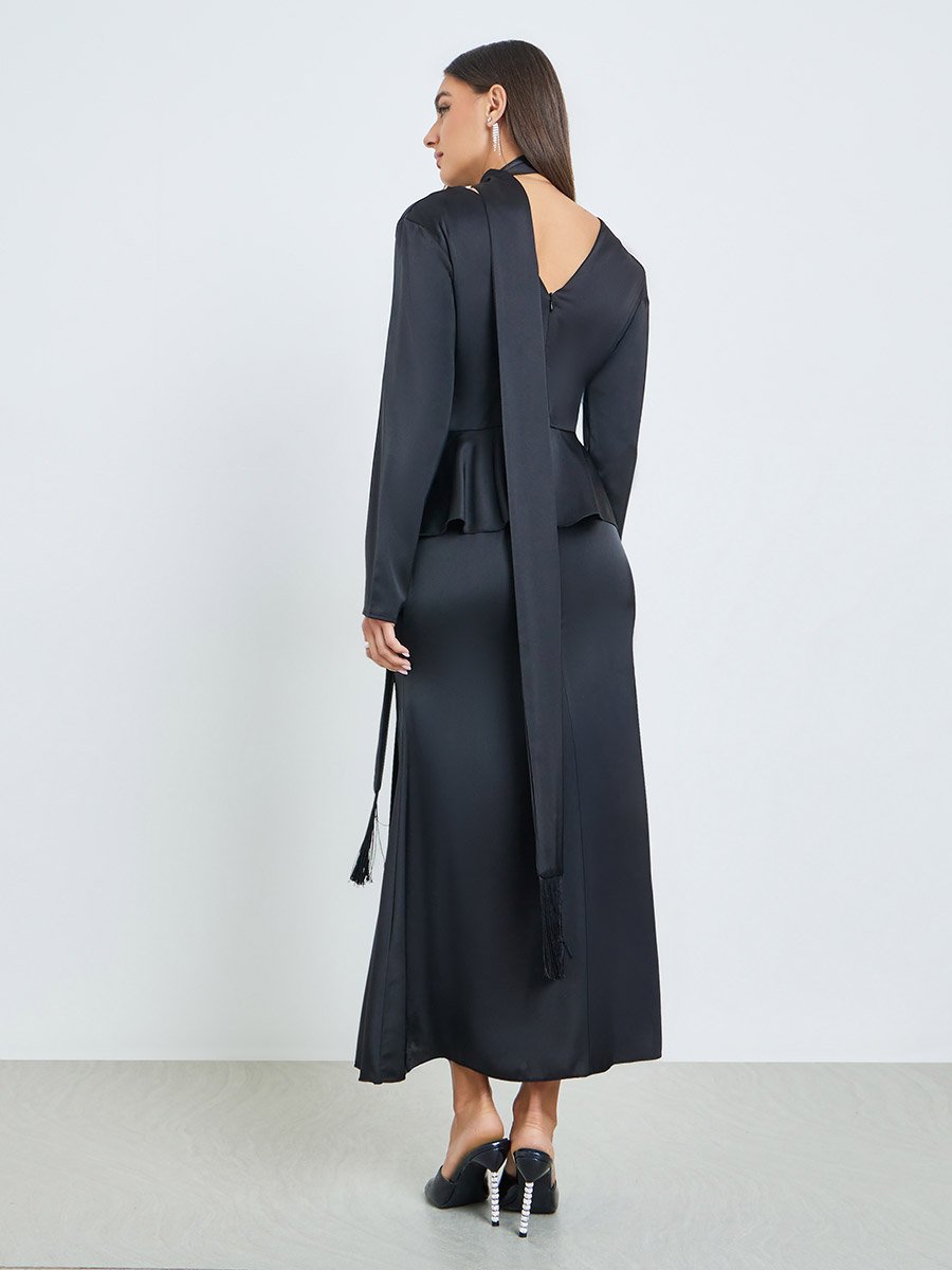 Black Peplum Ruffle Maxi Dress with Tie-Neck