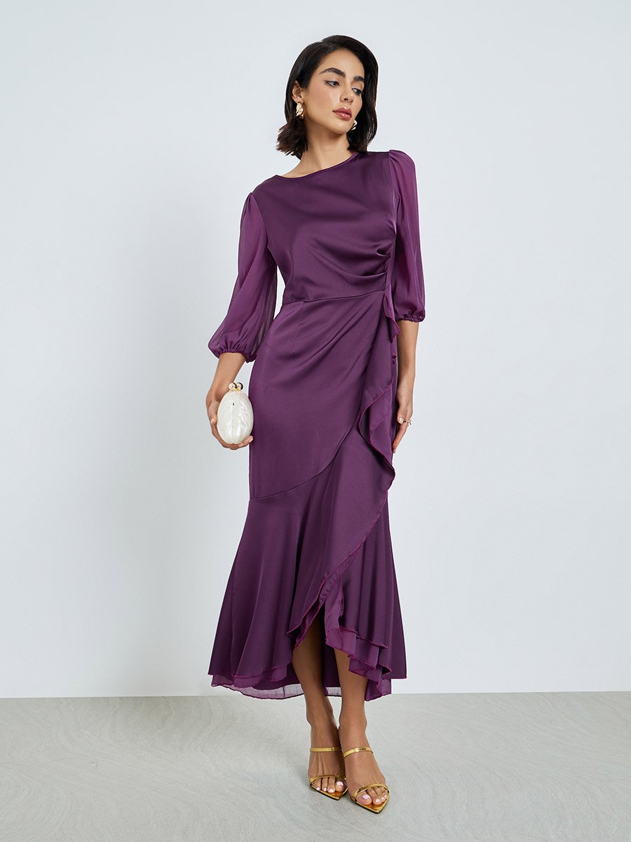 Purple 3/4 Sleeves Frill Maxi Dress