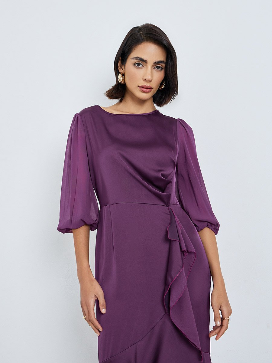 Purple 3/4 Sleeves Frill Maxi Dress