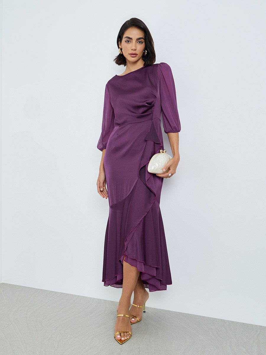 Purple 3/4 Sleeves Frill Maxi Dress