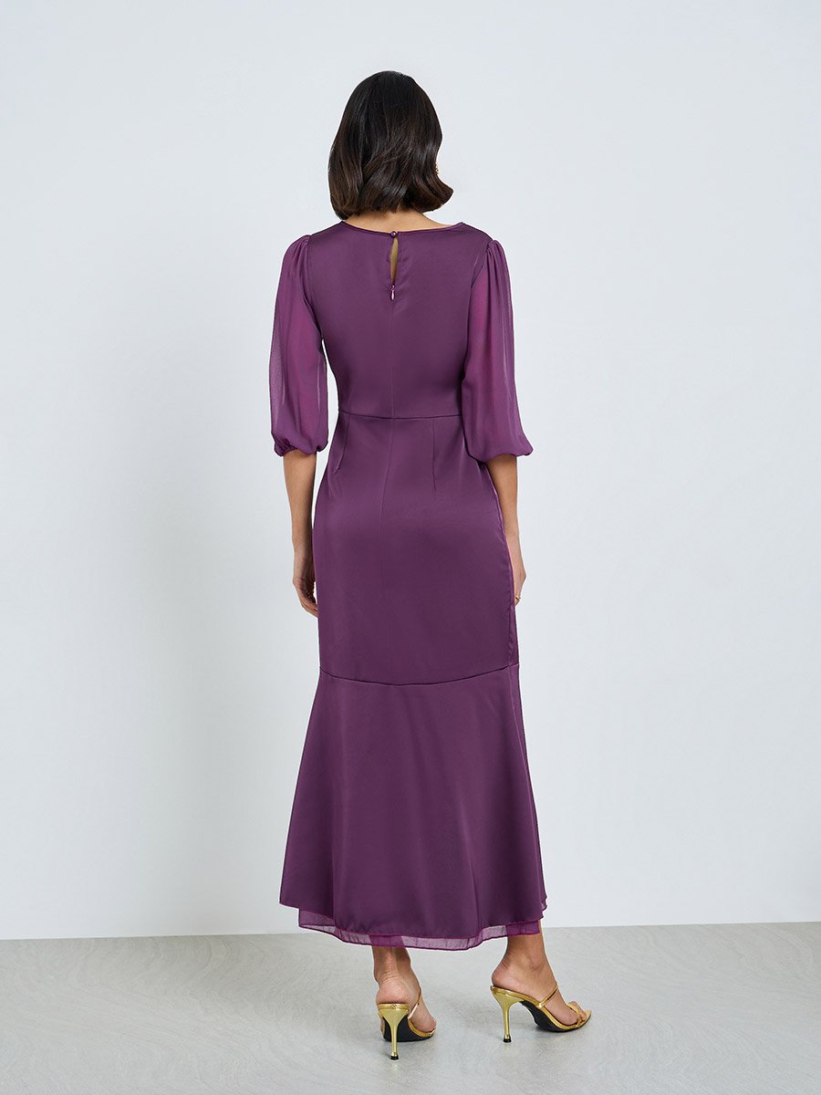 Purple 3/4 Sleeves Frill Maxi Dress