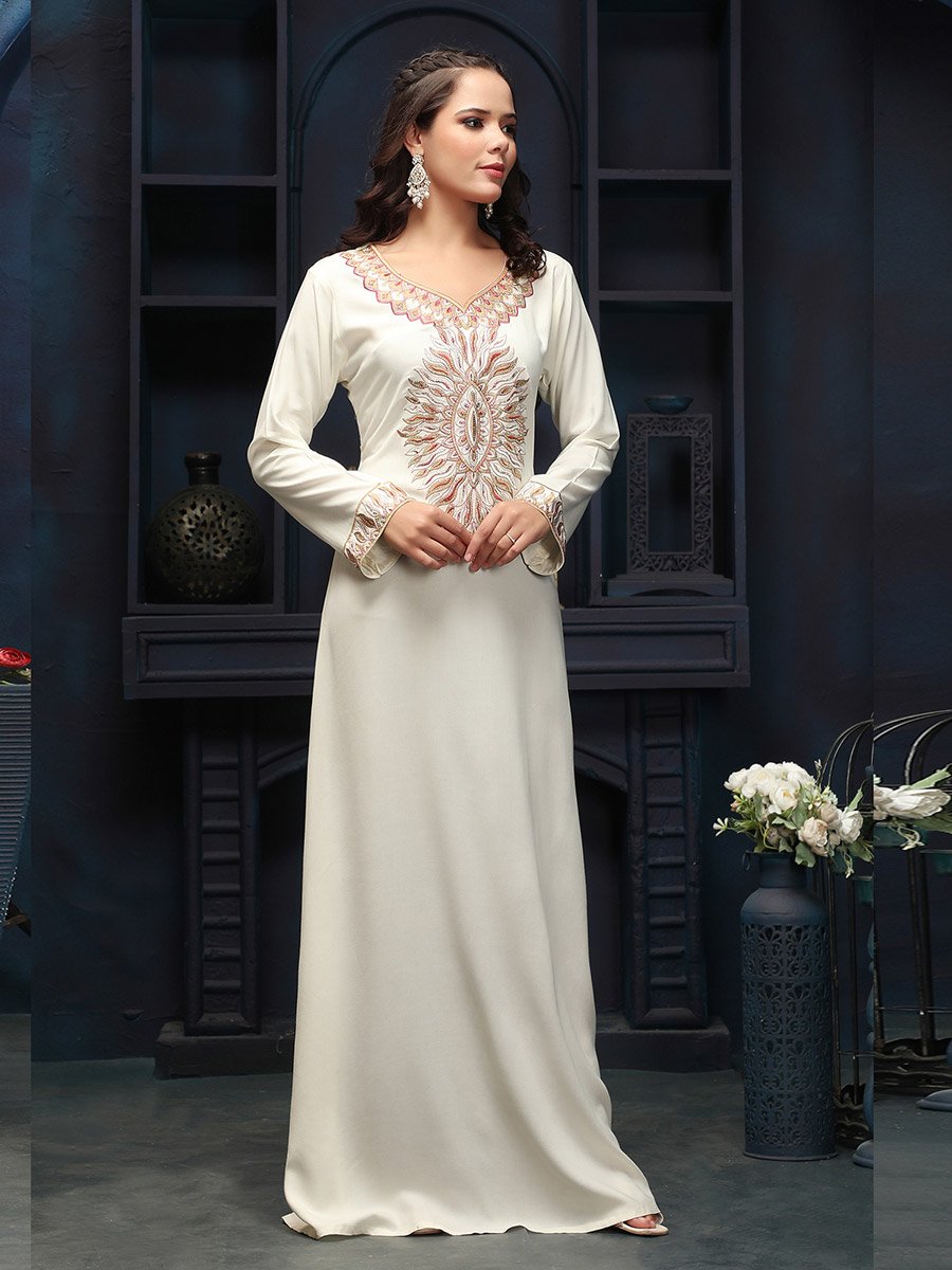 Cream Embroidered V Neck Jalabiya
