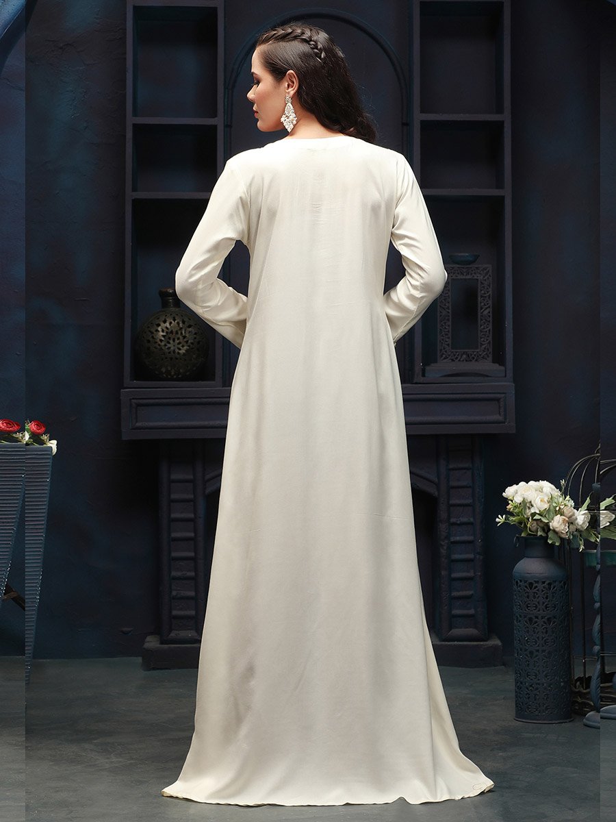 Cream Embroidered V Neck Jalabiya