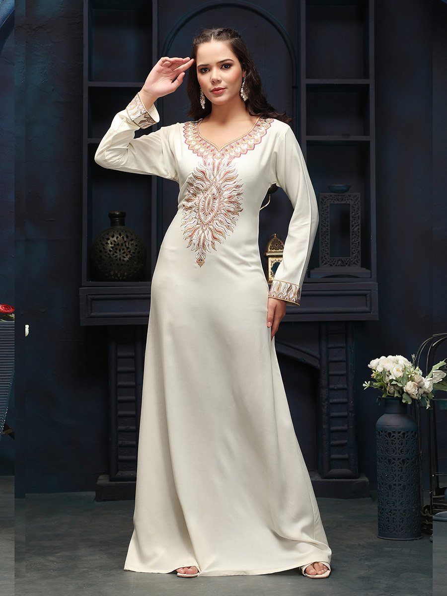 Cream Embroidered V Neck Jalabiya