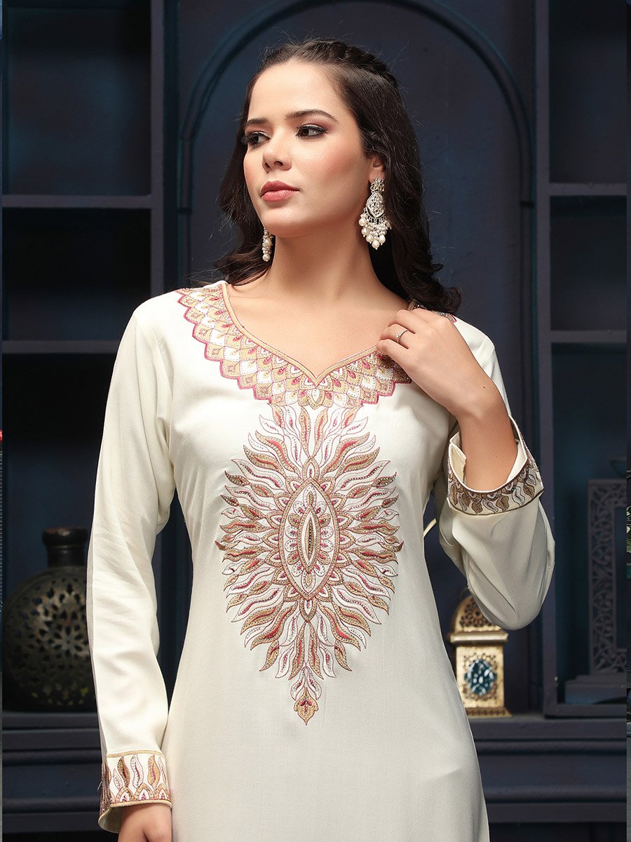 Cream Embroidered V Neck Jalabiya