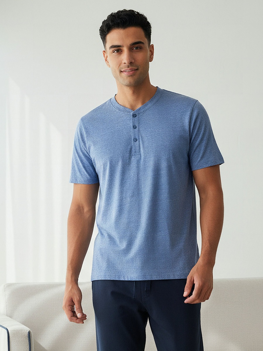 Men Cotton Textured Drawstring Closure Nightwear Set