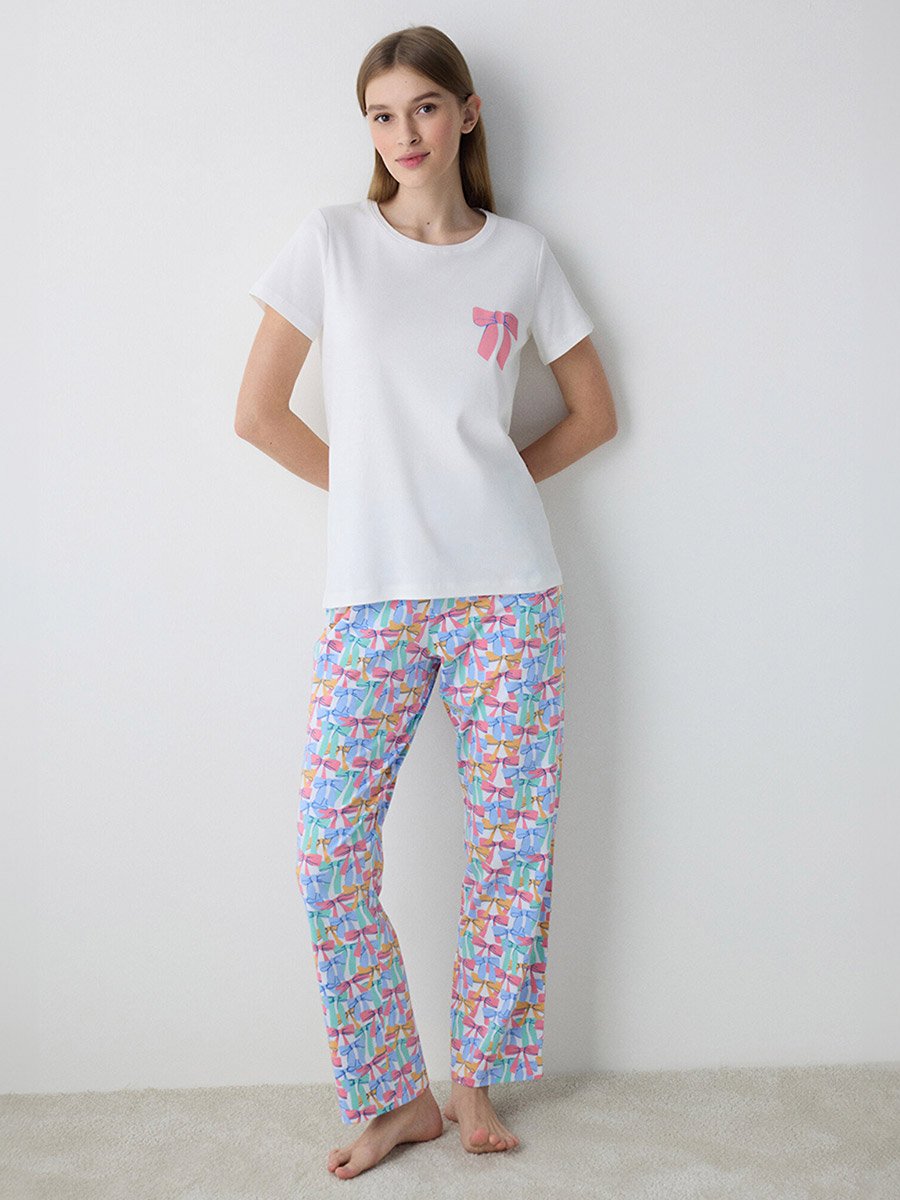 Bow Print Cotton T-Shirt and Pyjama Set