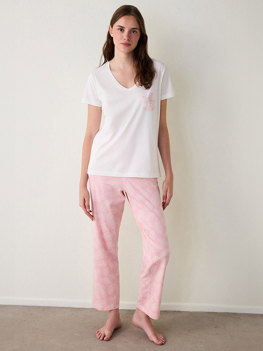 Floral Print Cotton V Neck T-Shirt and Pyjama Set