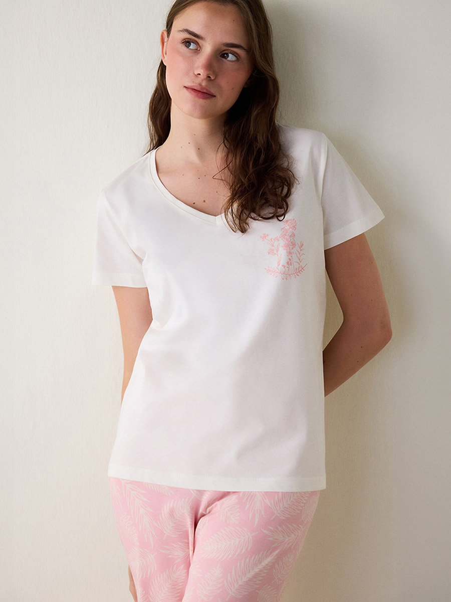 Floral Print Cotton V Neck T-Shirt and Pyjama Set