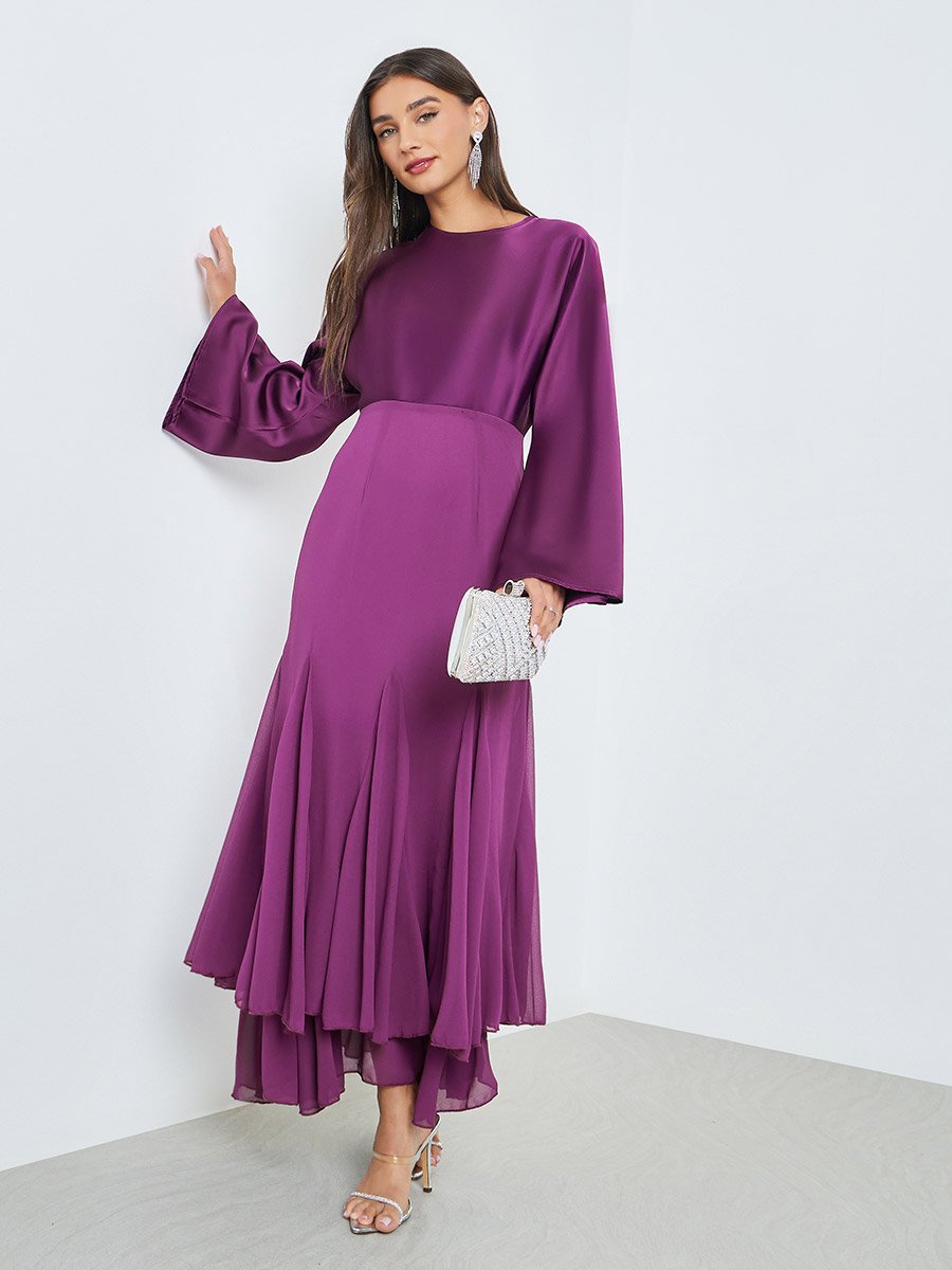 Purple Flute Sleeves Mermaid Hem Maxi Dress