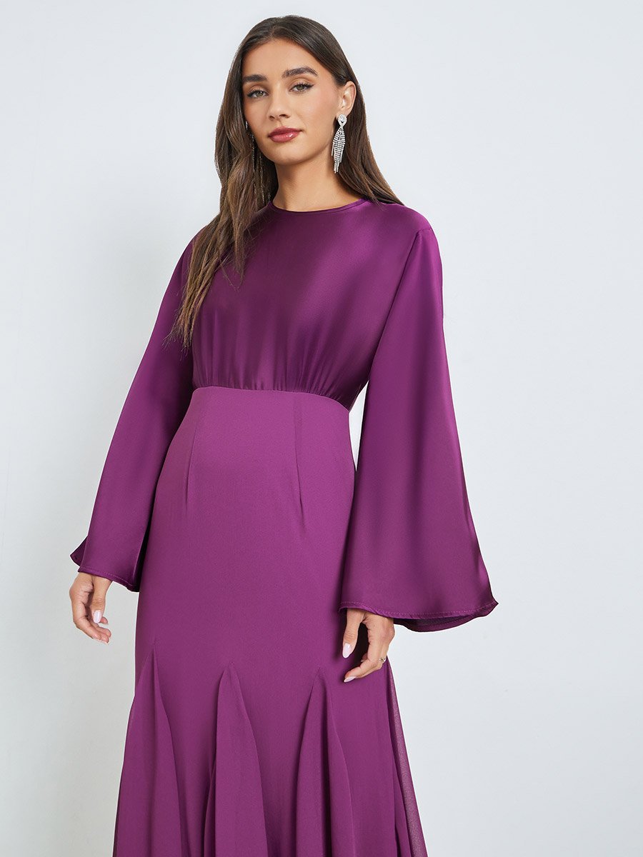Purple Flute Sleeves Mermaid Hem Maxi Dress