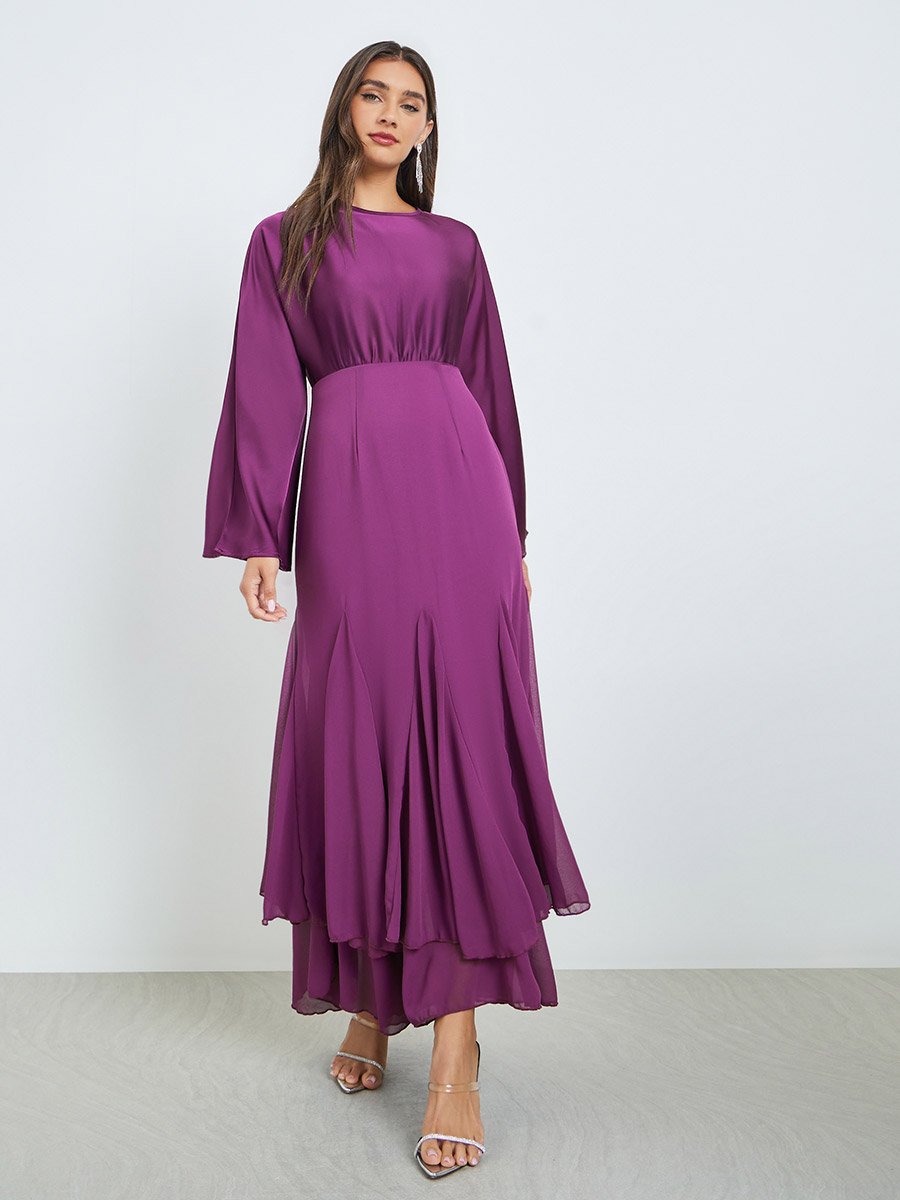 Purple Flute Sleeves Mermaid Hem Maxi Dress