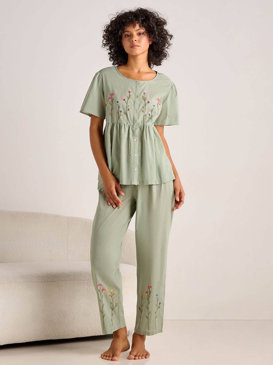 Cotton Pyjama Set with Button-Down Top and Pants