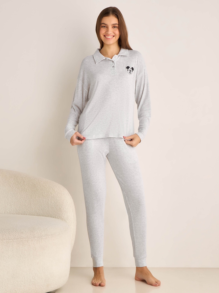 Mickey Mouse Pyjama Set with Half-Placket T-Shirt and Trousers