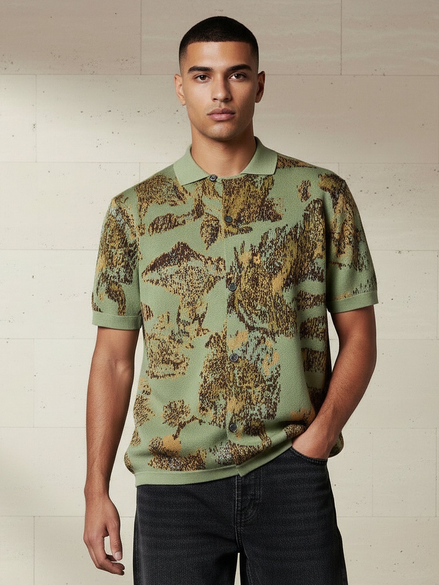 Men Regular Fit Collared Jacquard Short Sleeve Polo T-Shirt