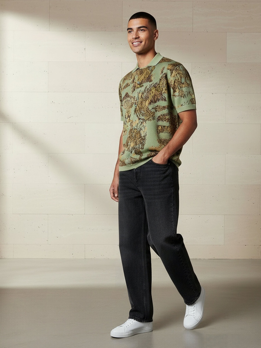 Men Regular Fit Collared Jacquard Short Sleeve Polo T-Shirt