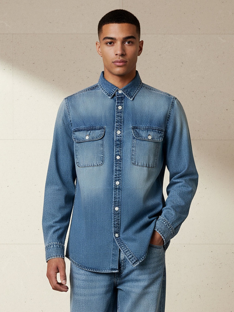 Men Regular Fit Collared Long Sleeves Reef Denim Shirt
