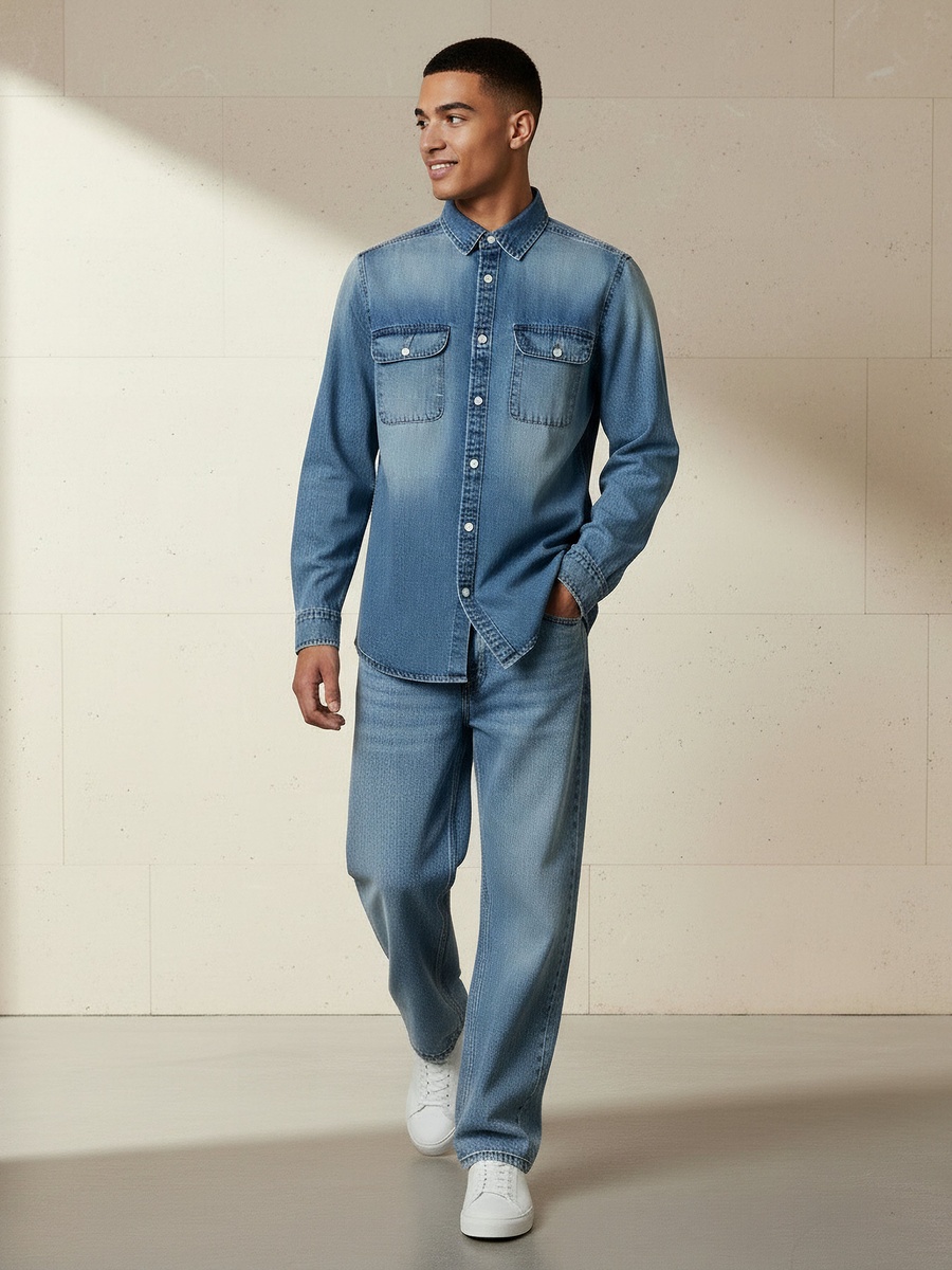Men Regular Fit Collared Long Sleeves Reef Denim Shirt
