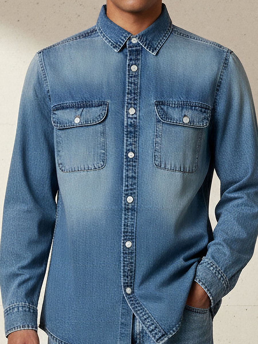Men Regular Fit Collared Long Sleeves Reef Denim Shirt