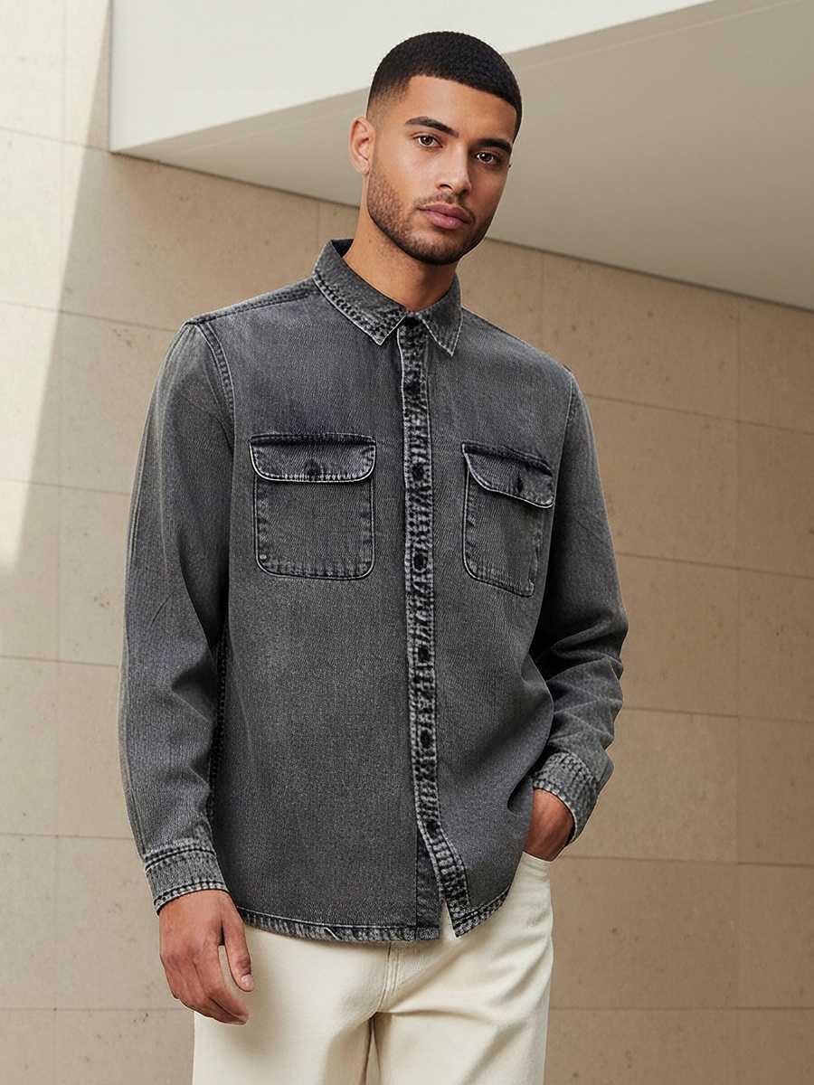 Men Regular Fit Collared Long Sleeves Reef Denim Shirt