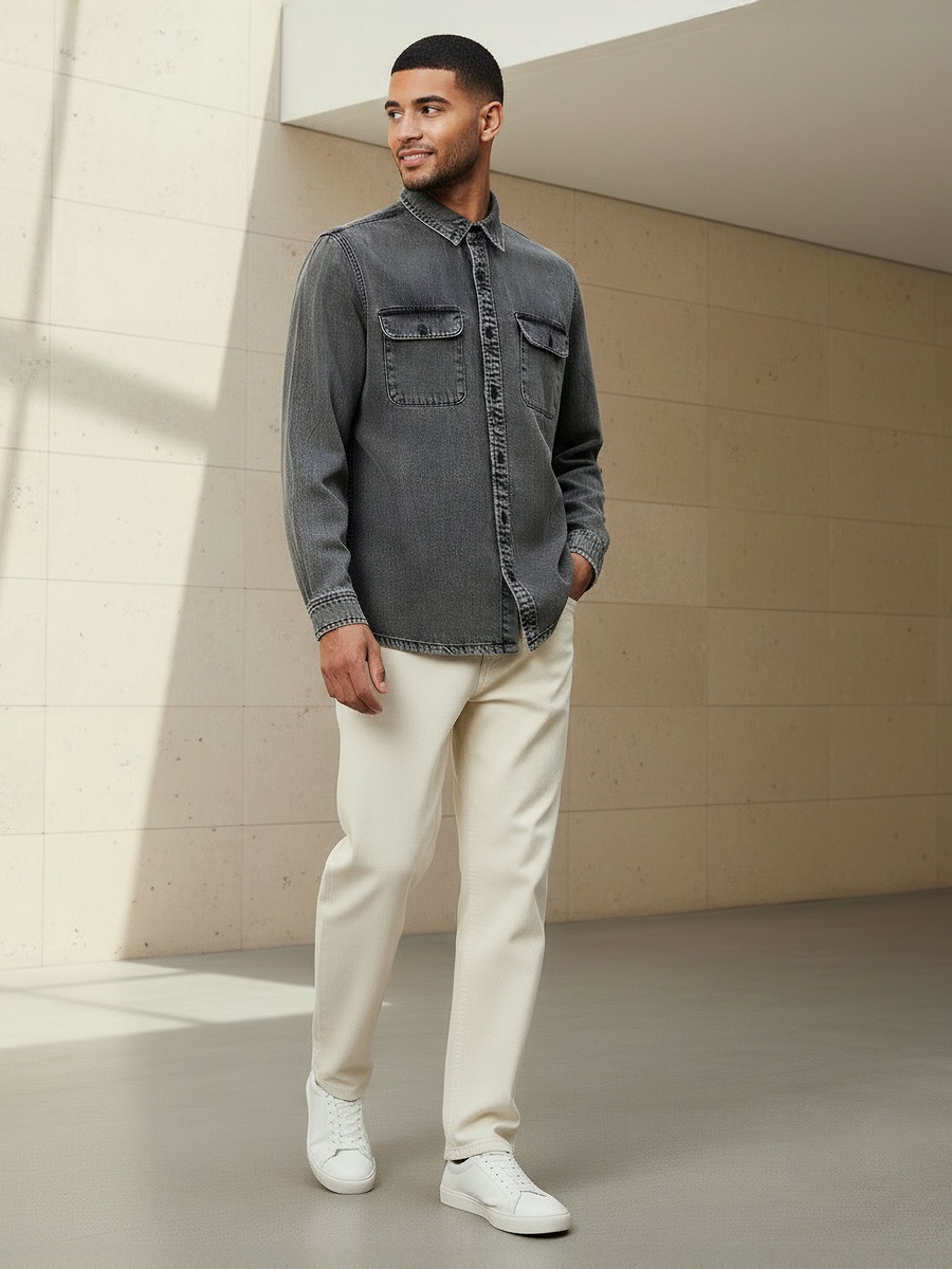 Men Regular Fit Collared Long Sleeves Reef Denim Shirt