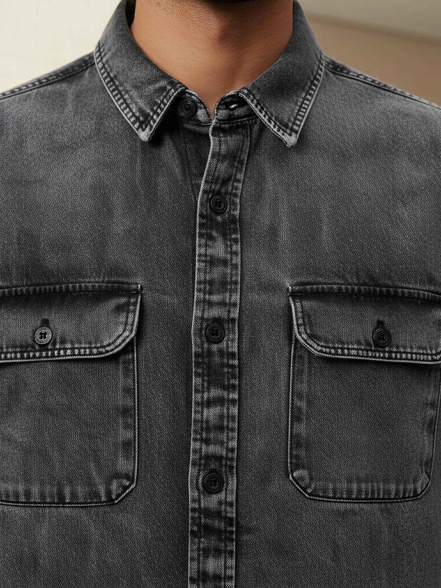 Men Regular Fit Collared Long Sleeves Reef Denim Shirt