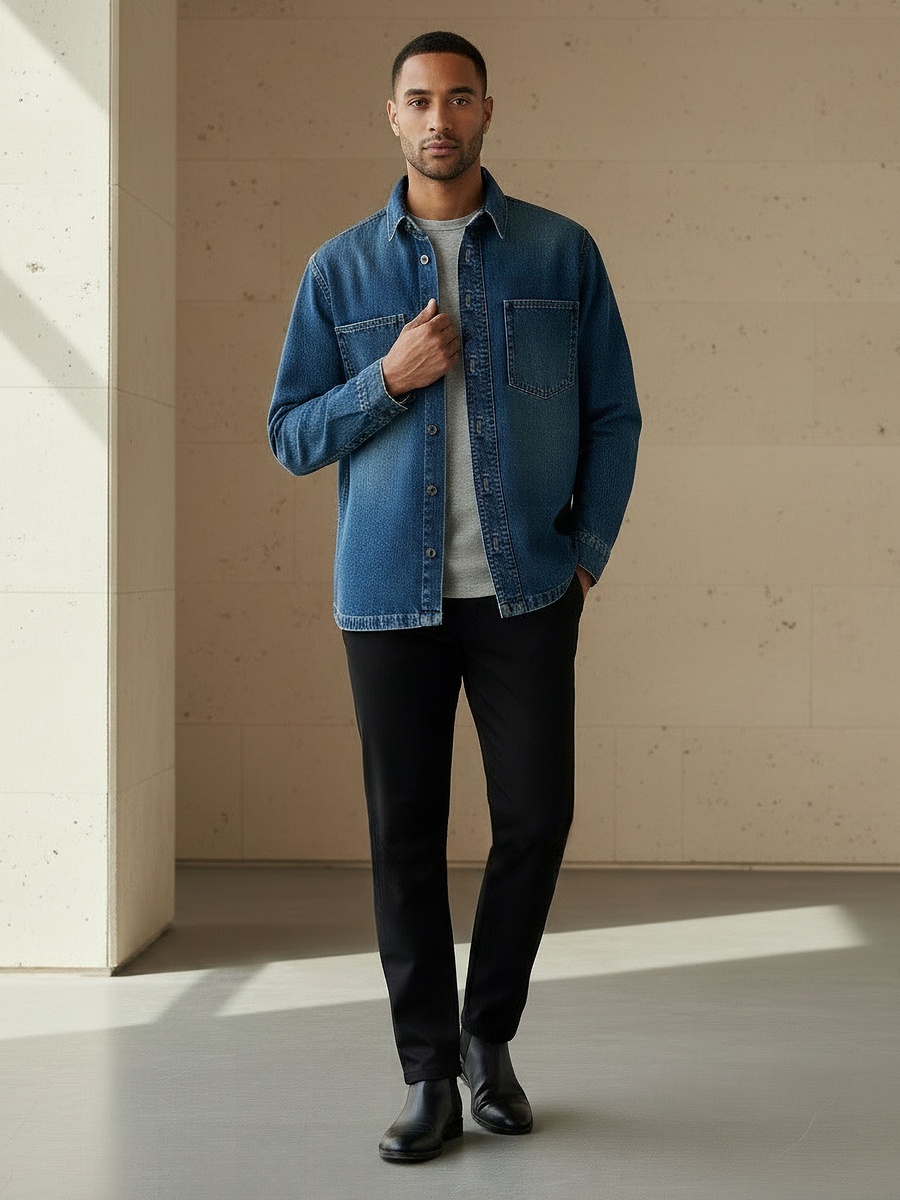 Men Regular Fit Collared Denim Long Sleeves Shirt