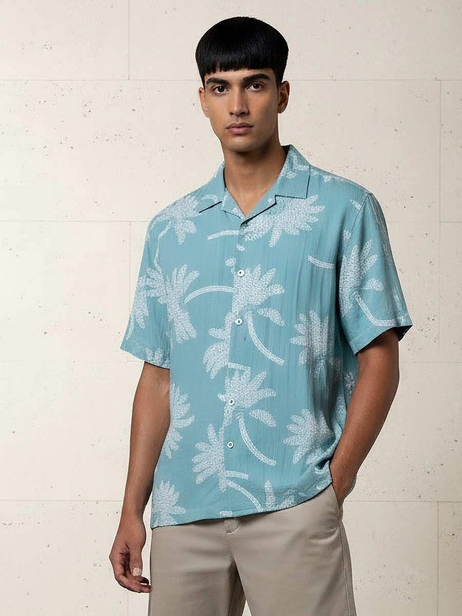 Men Camp Collar Palm Tree Print Short Sleeves Resort Shirt