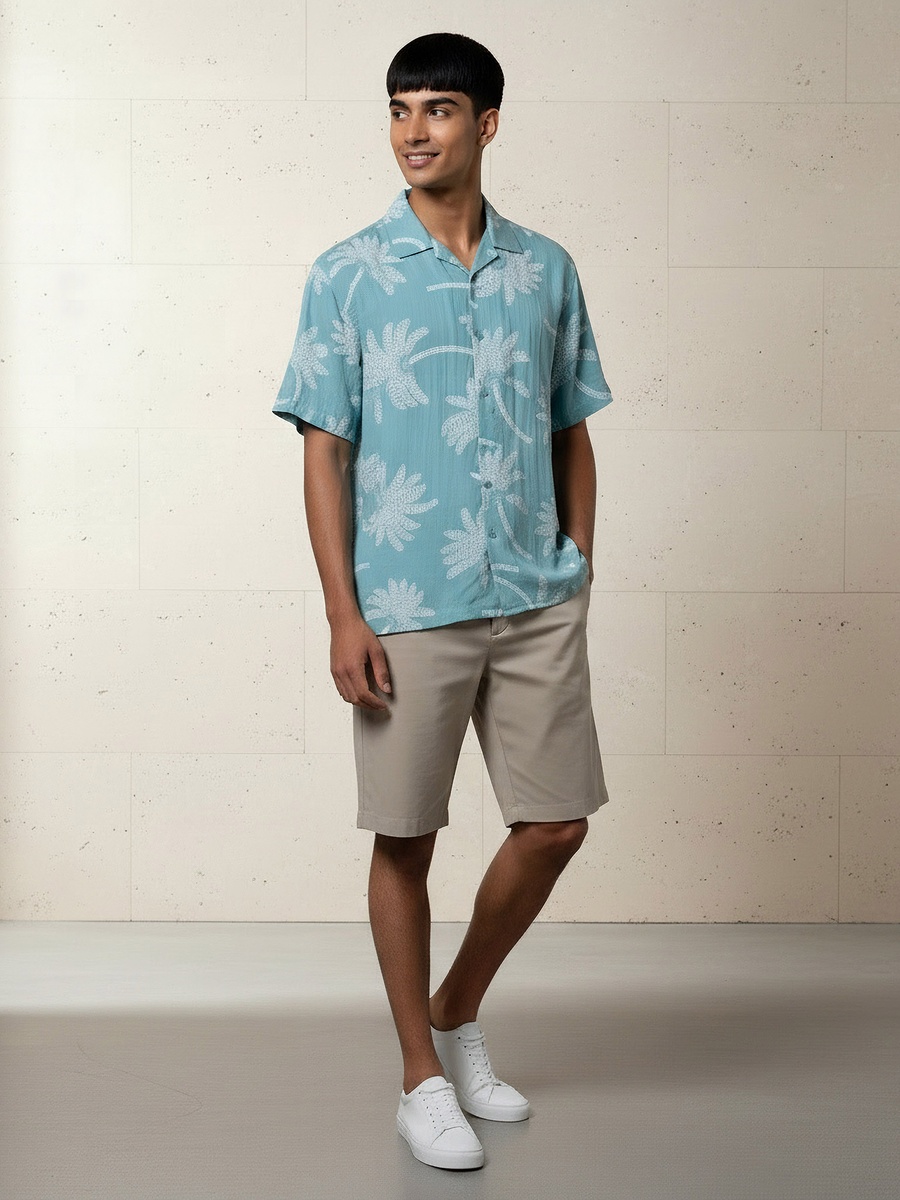 Men Camp Collar Palm Tree Print Short Sleeves Resort Shirt