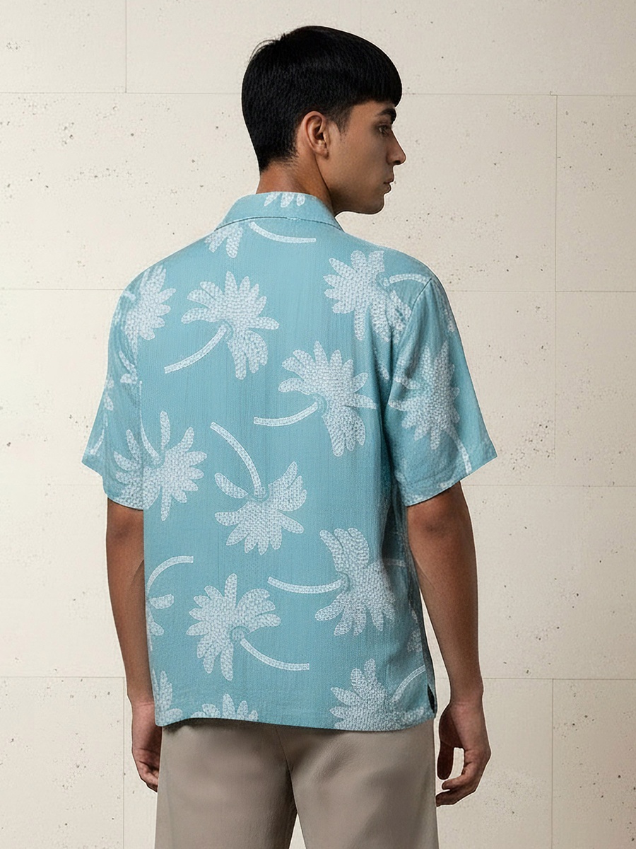 Men Camp Collar Palm Tree Print Short Sleeves Resort Shirt