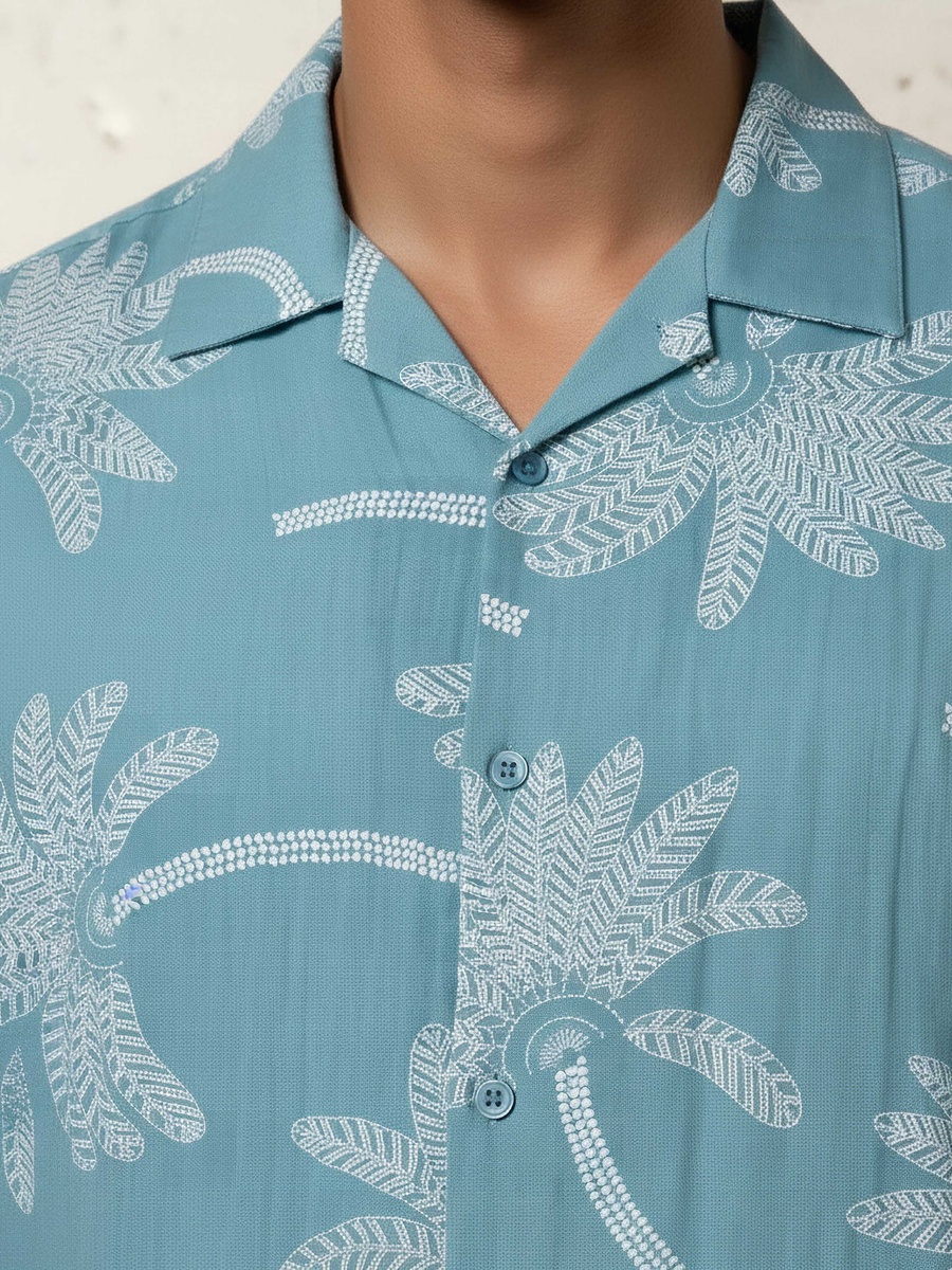 Men Camp Collar Palm Tree Print Short Sleeves Resort Shirt