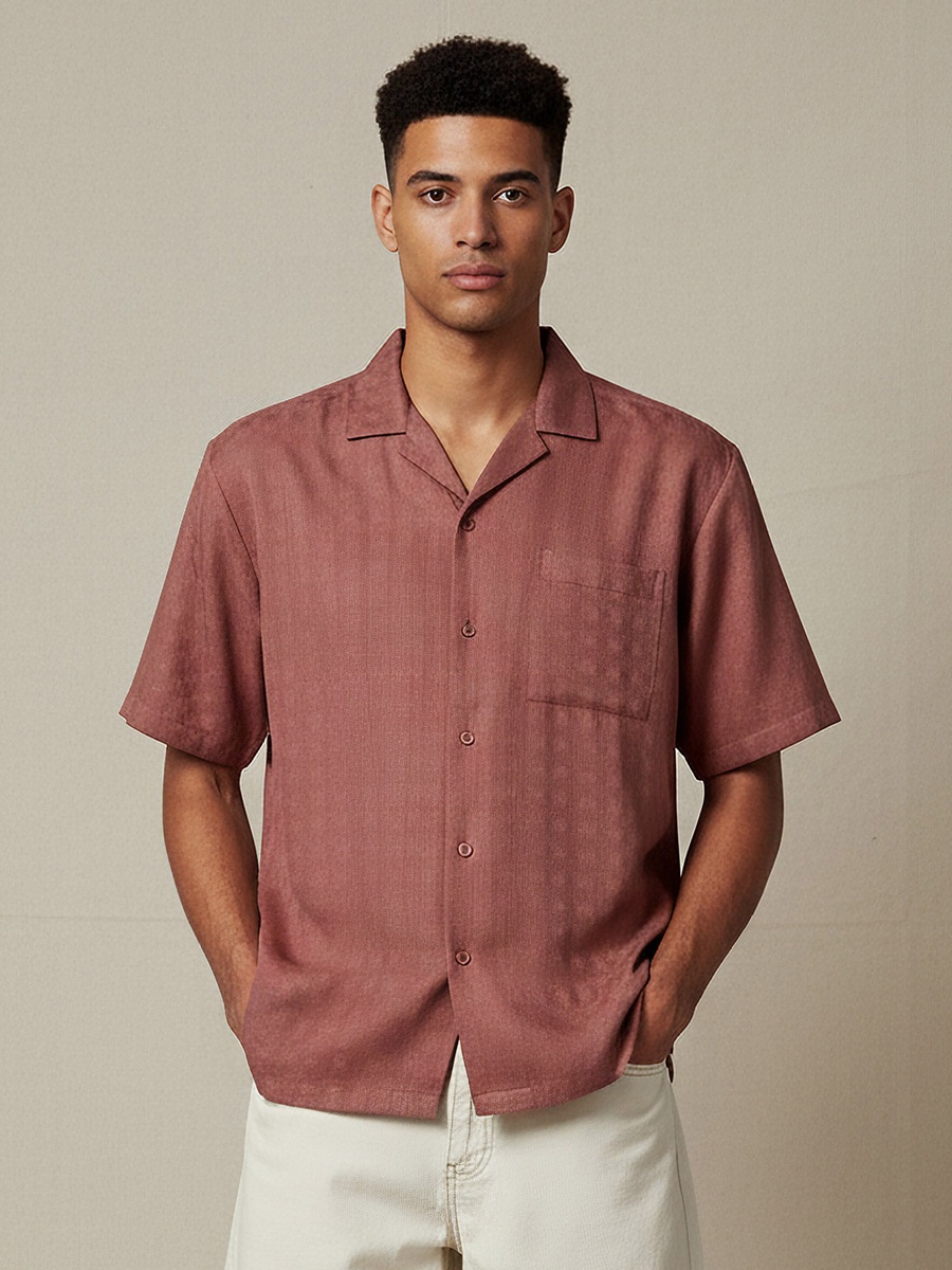 Men Regular Fit Camp Collar Textured Short Sleeves Resort Shirt